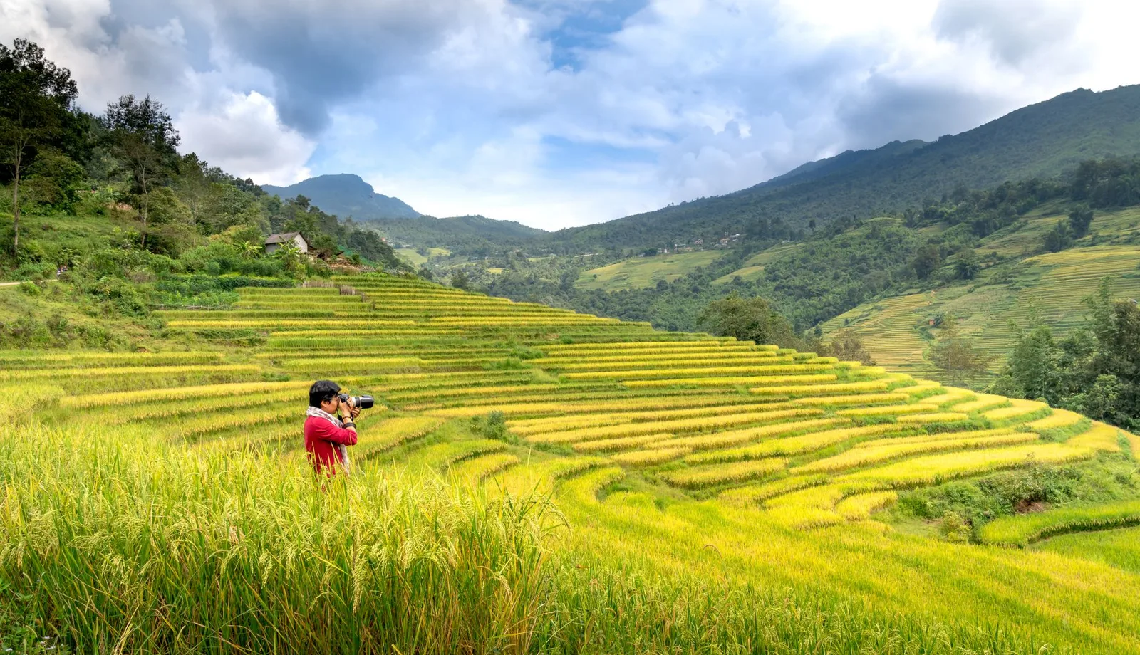 Du khách châu Á chụp ảnh phong cảnh núi non