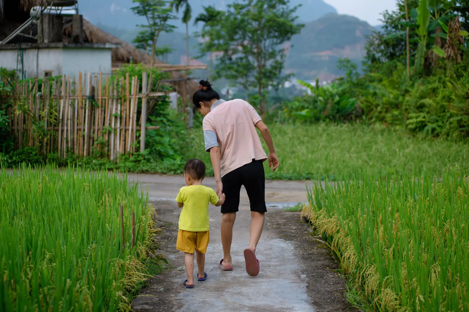Du khách châu Á dạo bước trong làng quê