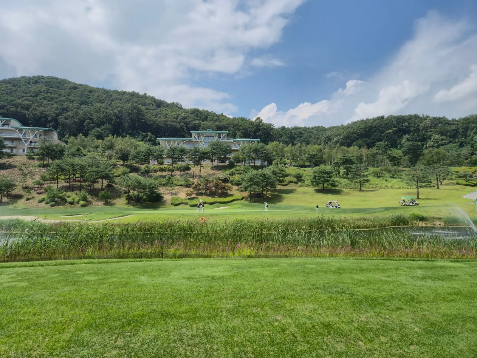 Xe điện đỗ trước nhà câu lạc bộ golf vào buổi sáng