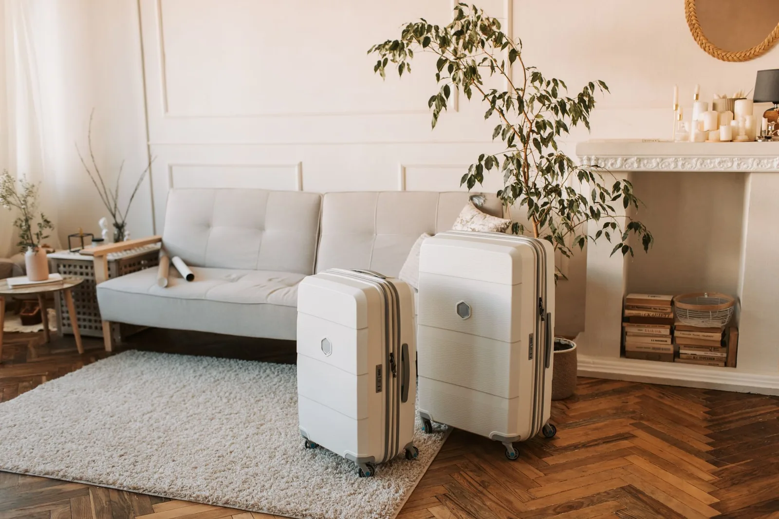 Hành lý được chuẩn bị trong phòng khách sạn gần biển